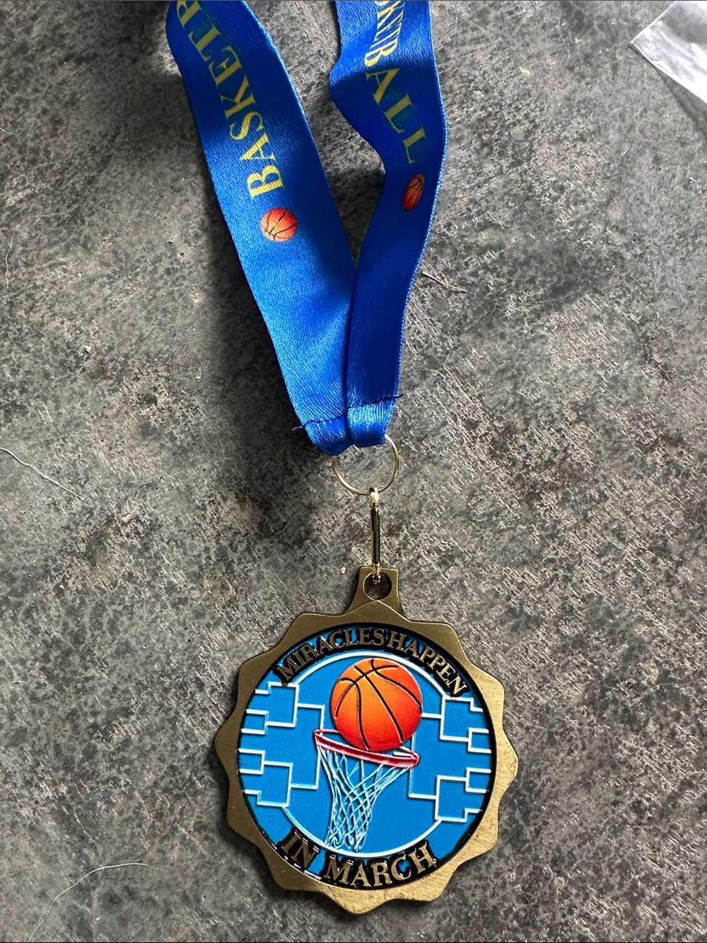 32 qty. Basketball Medal Necklace — Blue & Gold "Miracles Happen in March"